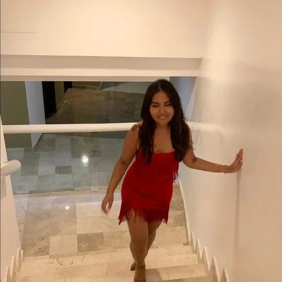 ASOS Design Tall two-piece fringe crop top and mini skirt in red with tags - Picture 5 of 5